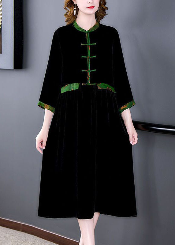 Black Stand Collar Patchwork Oriental Button Silk Velour Dress Bracelet Sleeve