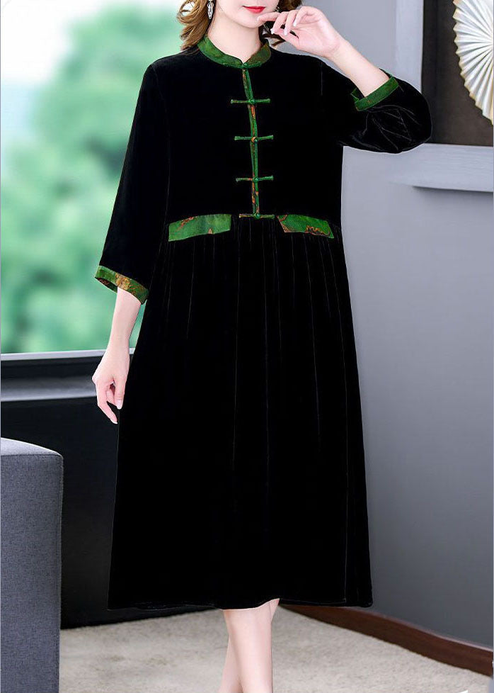 Black Stand Collar Patchwork Oriental Button Silk Velour Dress Bracelet Sleeve