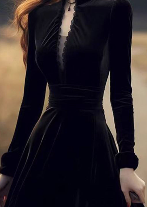 Black Stand Collar Patchwork Slim Fit Velvet Dresses Spring