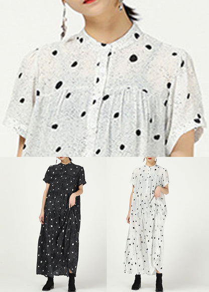 Black Stand Collar Print Cotton Dresses Short Sleeve