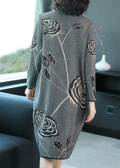 Black Stand Collar Print Knit Sweater Dress Winter