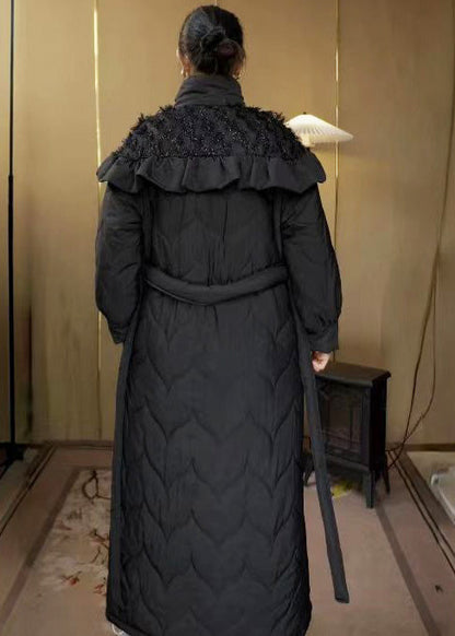 Black Stand Collar Ruffled Fine Cotton Filled Parka Winter