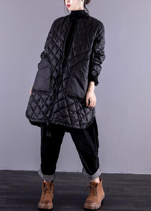 Black Stand Collar Zip Up Pockets Fine Cotton Filled Coats Winter