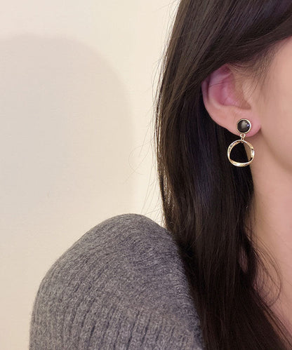 Black Sterling Silver Alloy Hollow Out Oil Drip Circle Drop Earrings