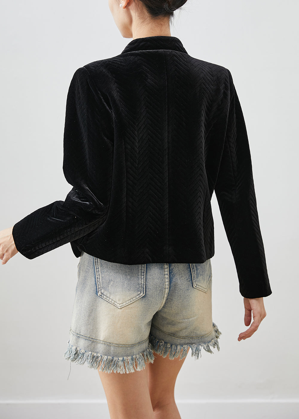Black Tasseled Metal Buttons Silk Velour Jacket Fall