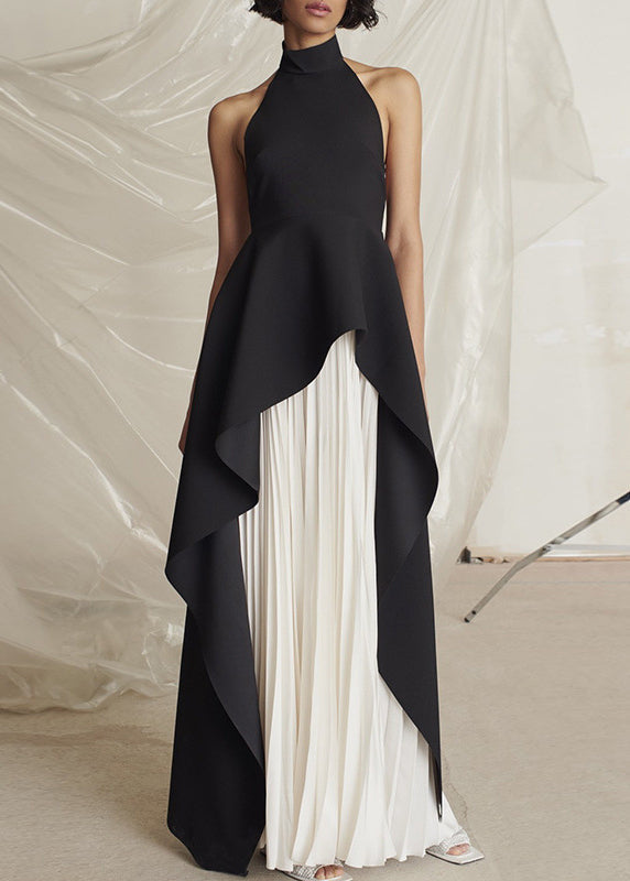 Black Turtleneck Asymmetrical Patchwork Maxi Vestidos Dresses Sleeveless