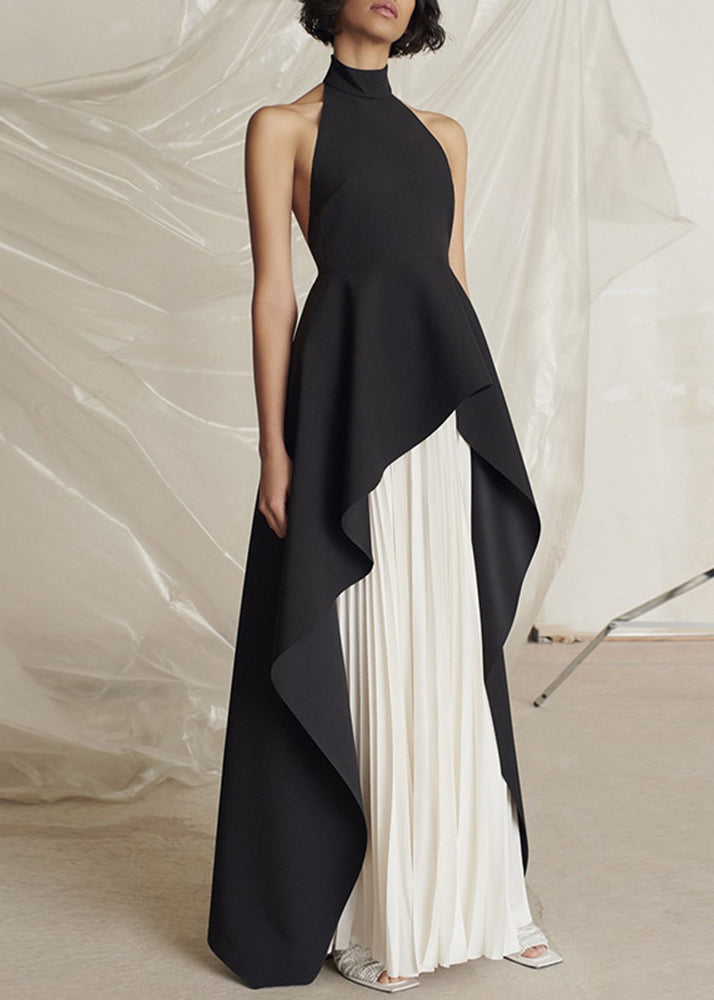 Black Turtleneck Asymmetrical Patchwork Maxi Vestidos Dresses Sleeveless