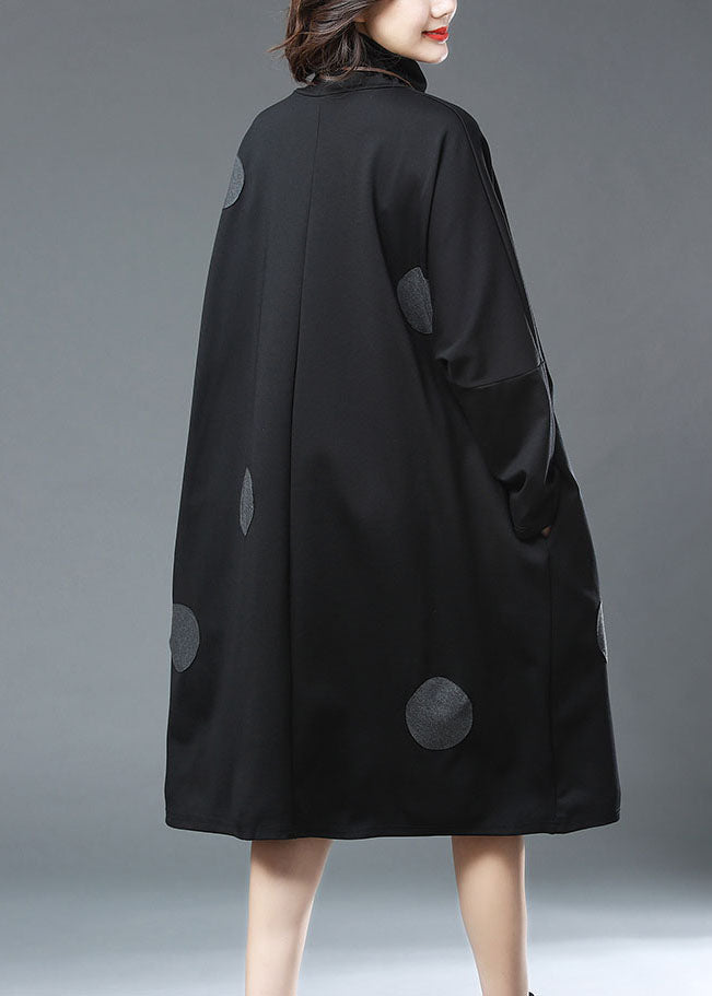 Black Turtleneck Dot Print Patchwork Cotton Dresses Fall