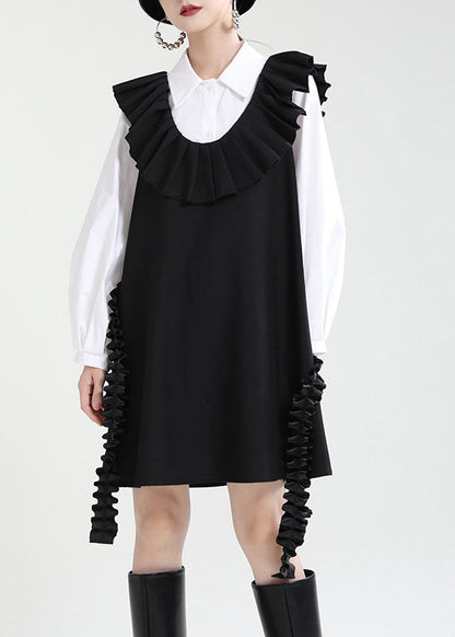 Black U Neck Patchwork Ruffles Fall Dress Sleeveless
