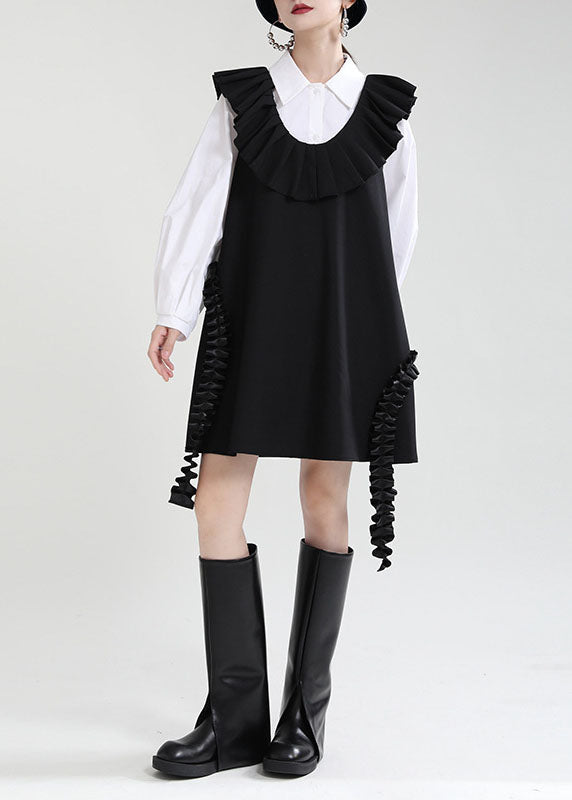 Black U Neck Patchwork Ruffles Fall Dress Sleeveless