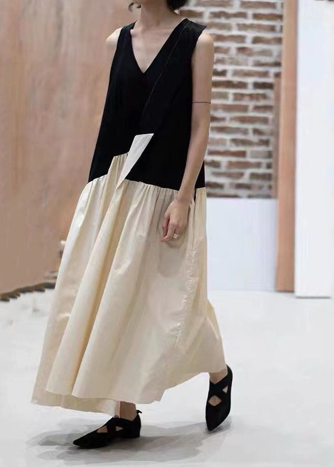 Black V Neck Asymmetrical Patchwork Cotton Dress Sleeveless