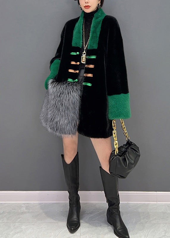 Black V Neck Button Mink Velvet Thick Coats Winter
