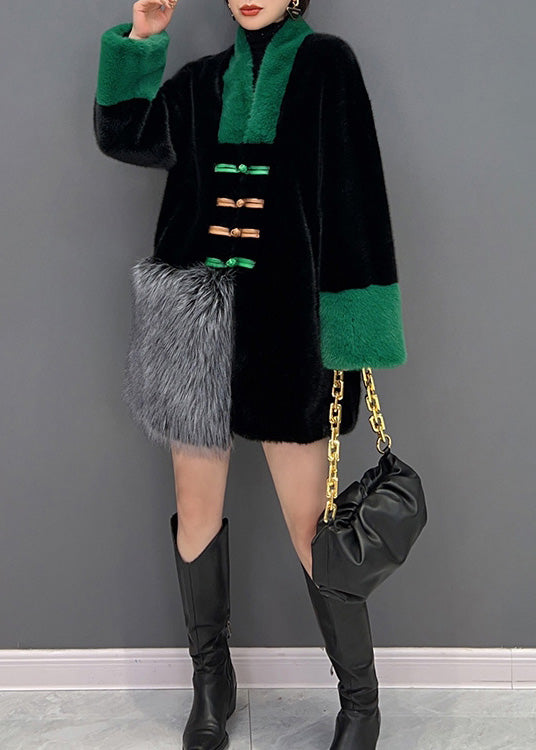 Black V Neck Button Mink Velvet Thick Coats Winter