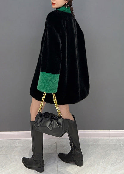 Black V Neck Button Mink Velvet Thick Coats Winter