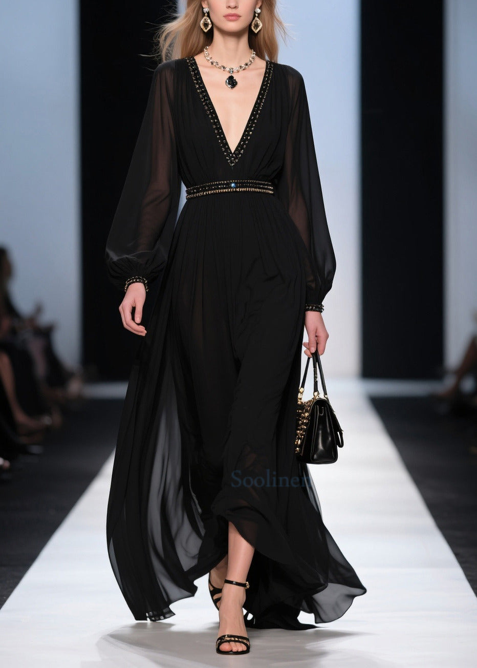 Black V Neck Exra Large Hem Chiffon Long Dresses Summer