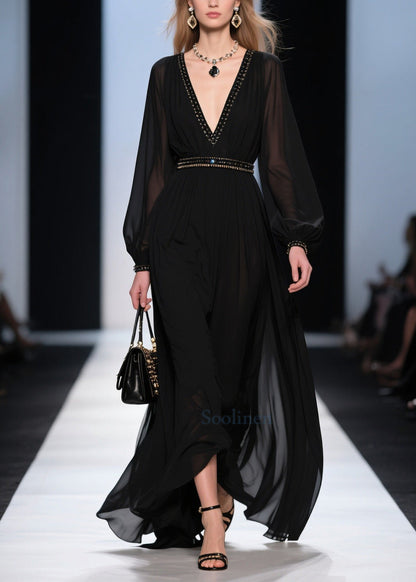 Black V Neck Exra Large Hem Chiffon Long Dresses Summer