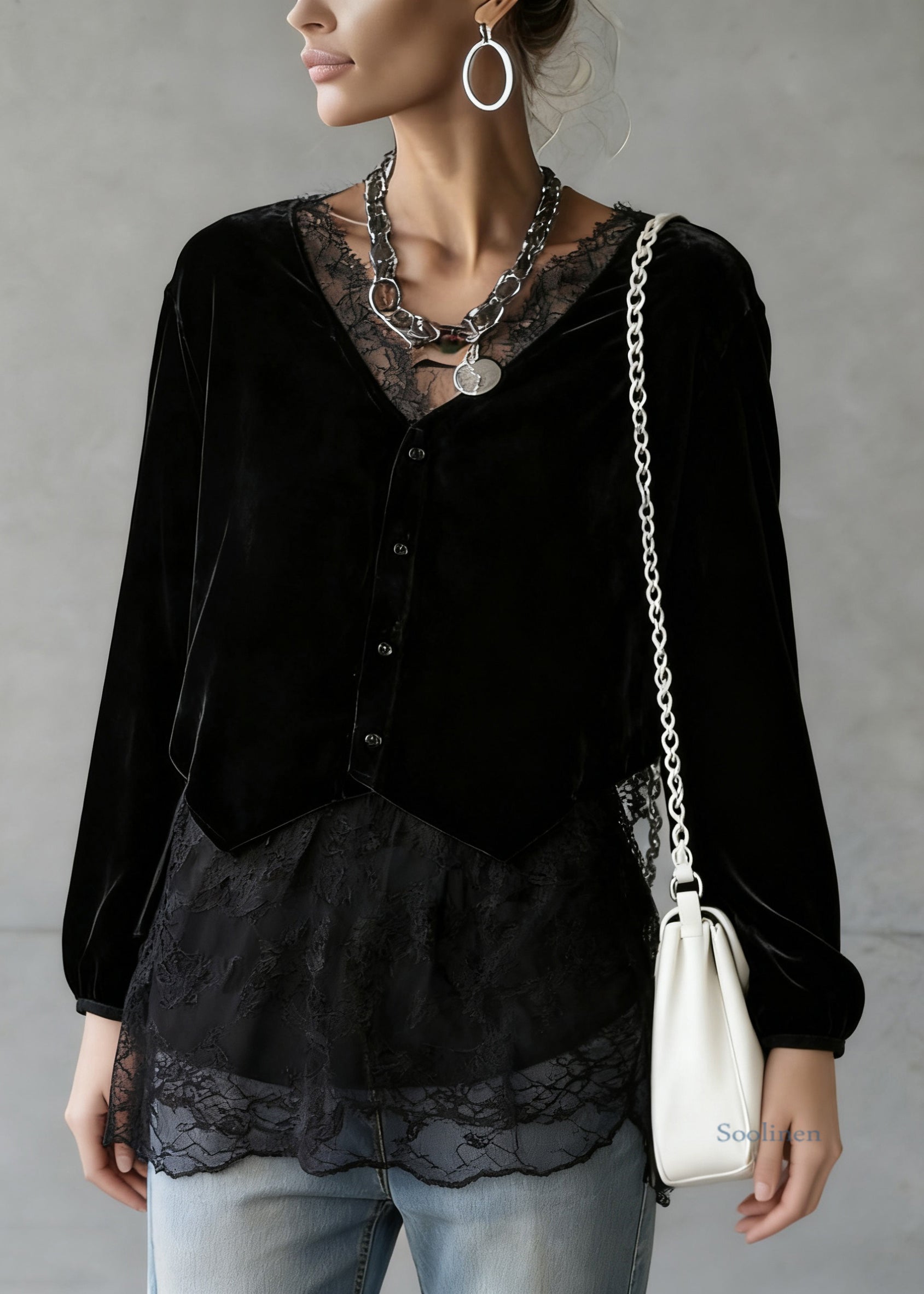 Elegant Black V Neck Lace Patchwork Velour Shirt Spring