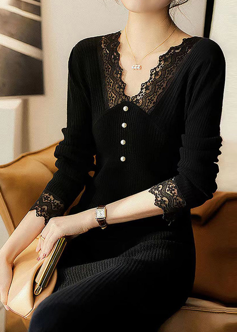 Black V Neck Lace Patchwork Woolen Dress Fall