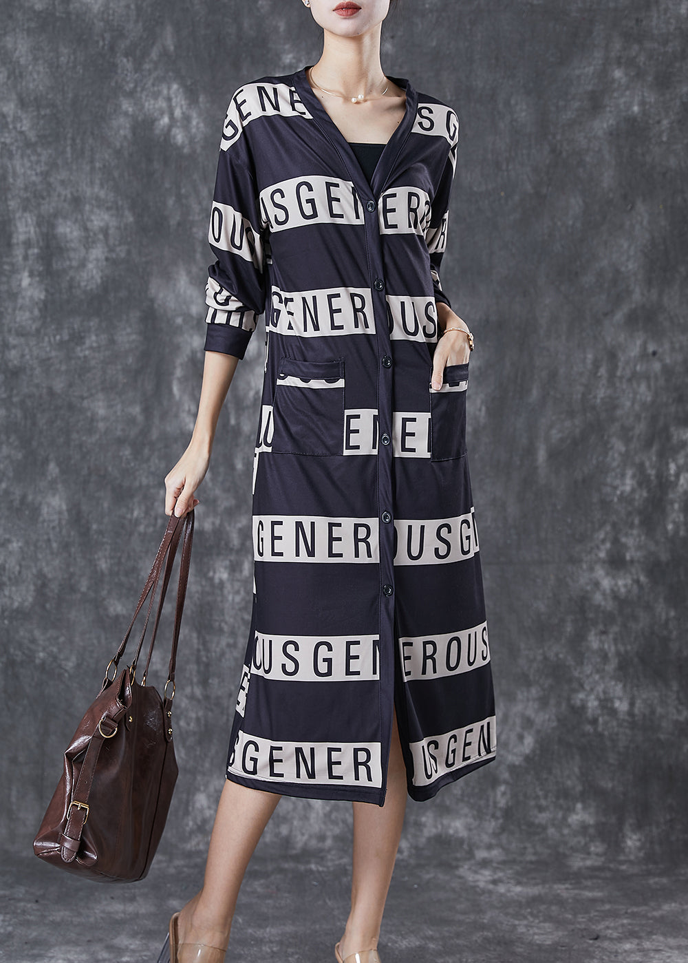 Black V Neck Letter Print Cotton Dresses Spring