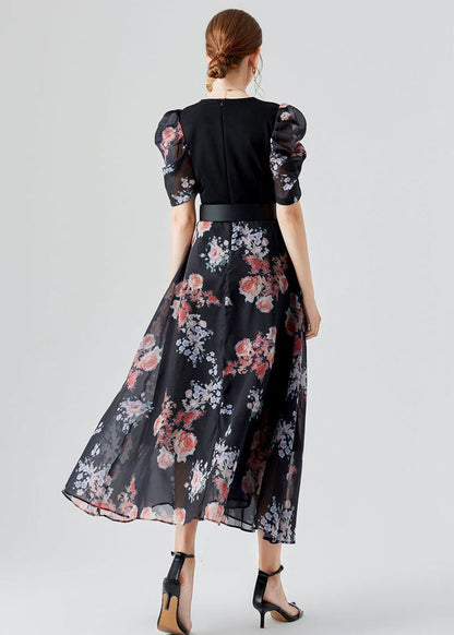 Black V Neck Print Sashes Patchwork Chiffon Long Dresses Puff Sleeve