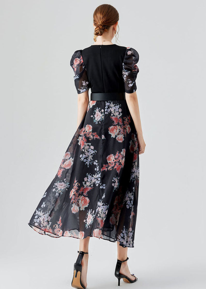 Black V Neck Print Sashes Patchwork Chiffon Long Dresses Puff Sleeve