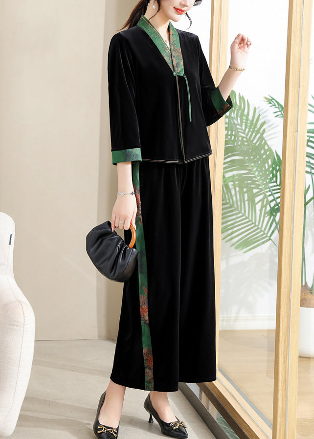 Black V Neck Print Silk Patchwork Velour Top and Wide Leg Pants Two Piece Set Long Sleeve