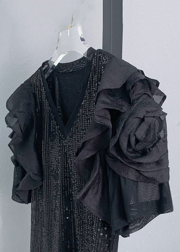 Black V Neck Sequins Patchwork Chiffon T Shirt Summer