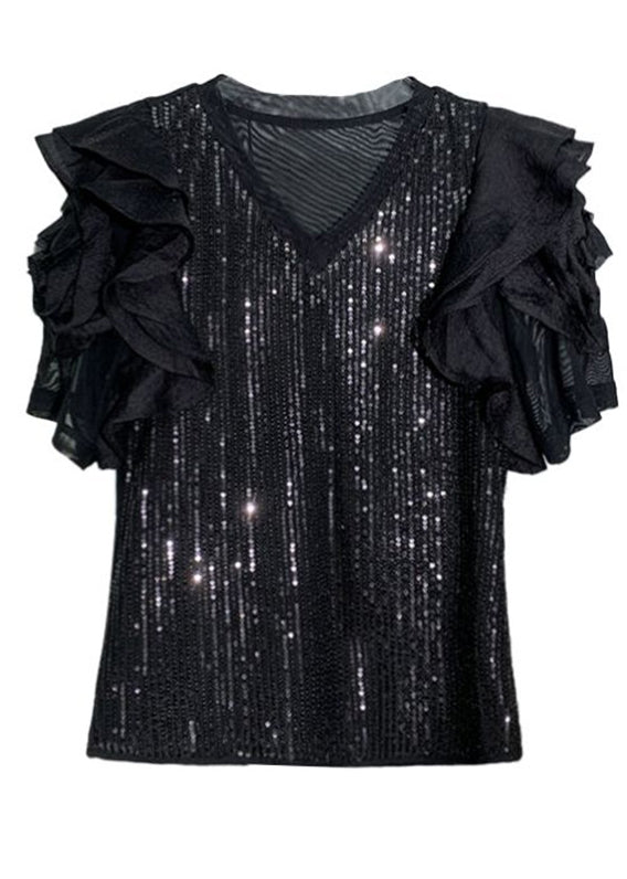 Black V Neck Sequins Patchwork Chiffon T Shirt Summer