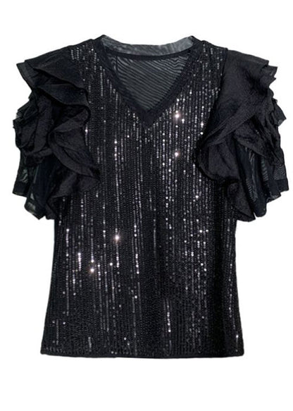 Black V Neck Sequins Patchwork Chiffon T Shirt Summer