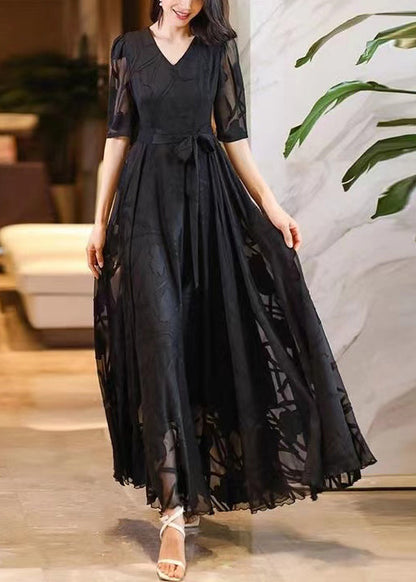 Black V Neck Tie Waist Chiffon Maxi Dresses Summer