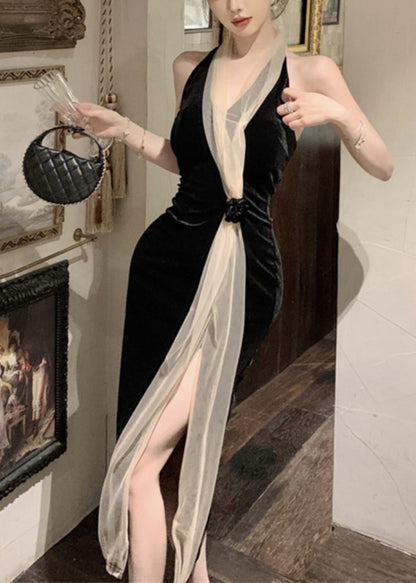 Black V Neck Tulle Patchwork Backless Silk Velvet Long Dress Summer