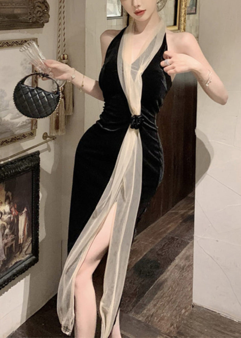 Black V Neck Tulle Patchwork Backless Silk Velvet Long Dress Summer