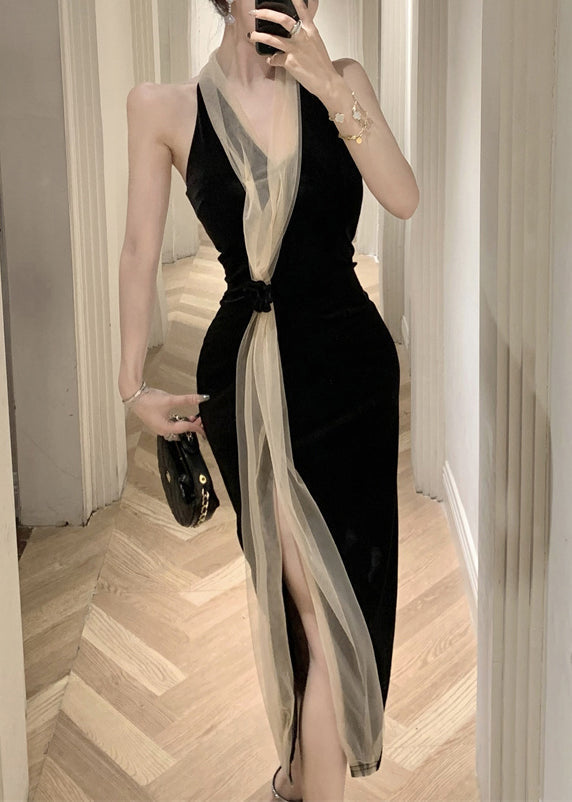 Black V Neck Tulle Patchwork Backless Silk Velvet Long Dress Summer