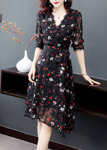 Black V Neck Tie Waist Print Chiffon Party Dress Half Sleeve