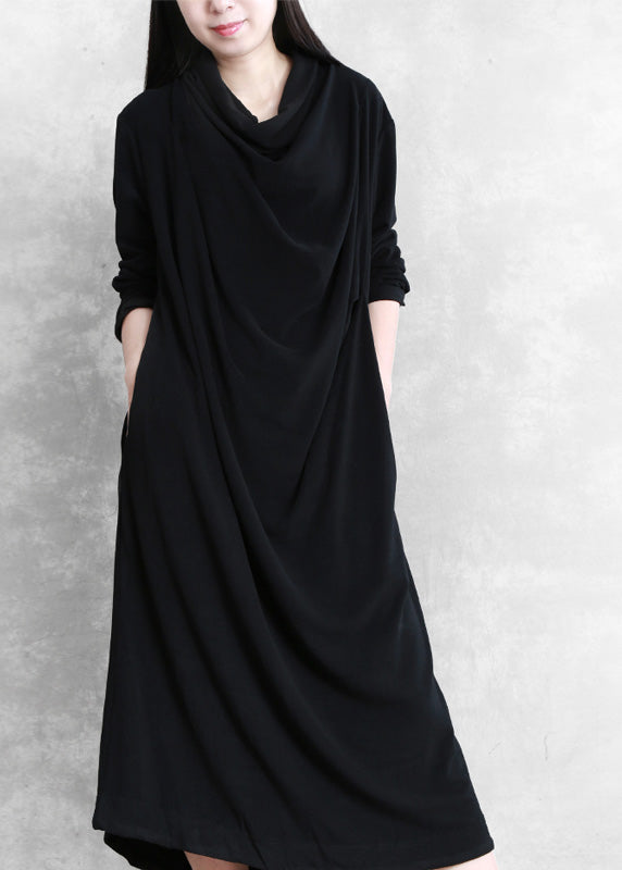 Black Velour Blended Cozy Draping Long Dresses Spring
