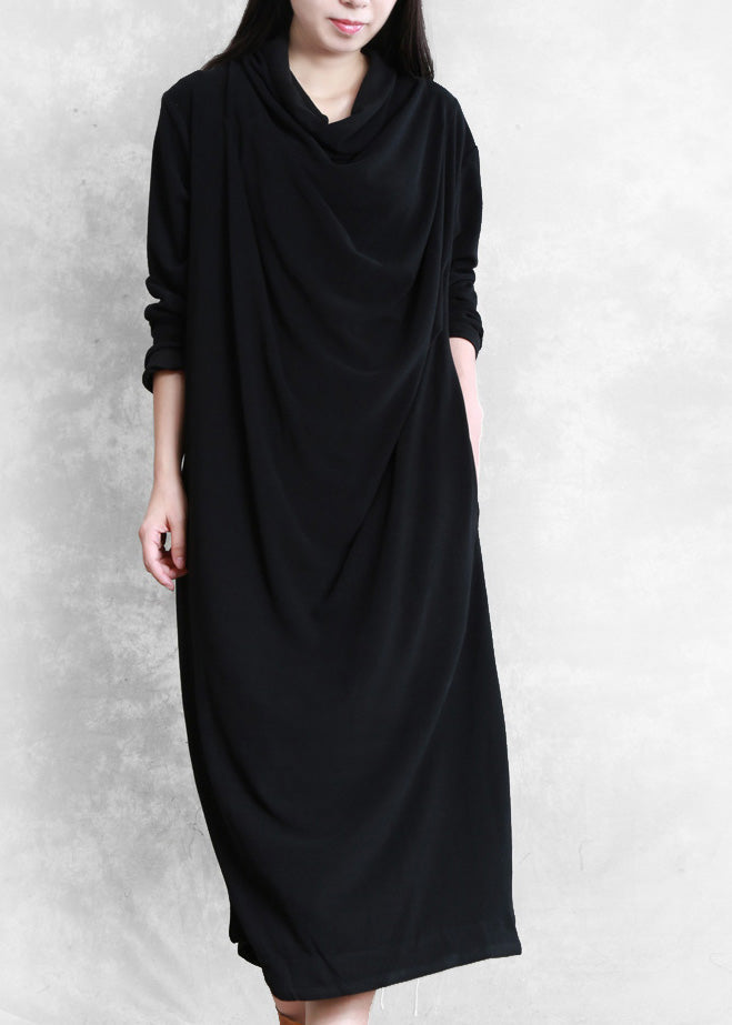 Black Velour Blended Cozy Draping Long Dresses Spring