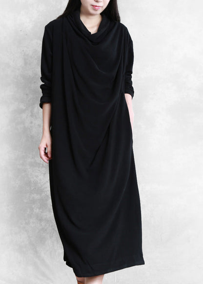 Black Velour Blended Cozy Draping Long Dresses Spring