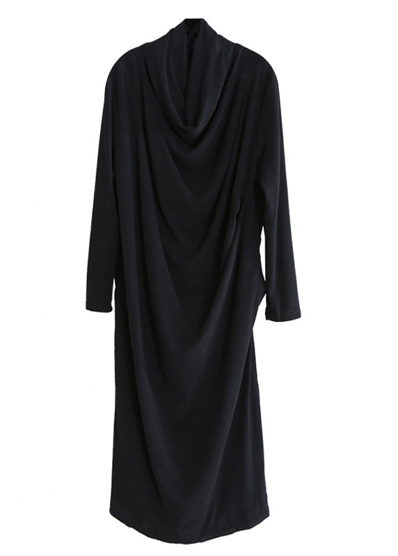 Black Velour Blended Cozy Draping Long Dresses Spring