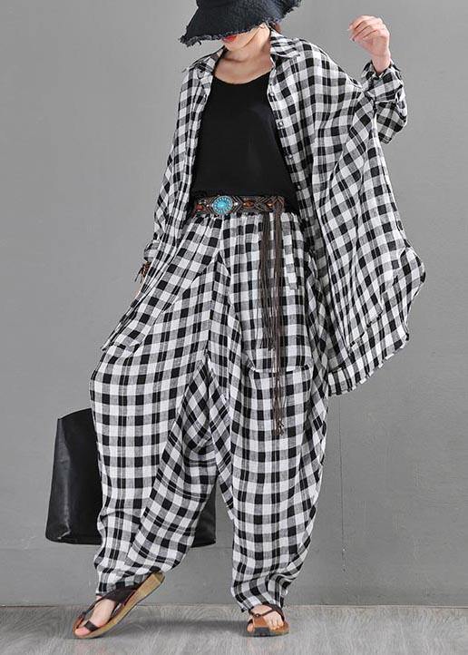 Black White Plaid Cotton Linen Harem Pants Summer