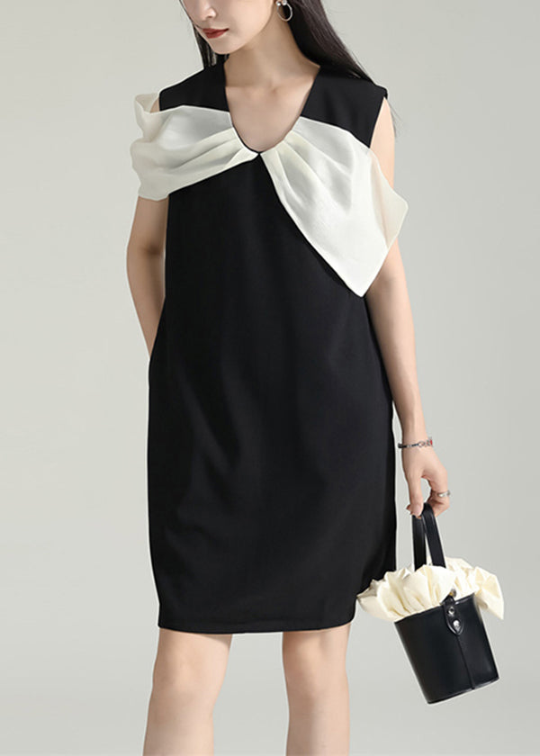 Black Wrinkled Patchwork Cotton Mid Dress Sleeveless