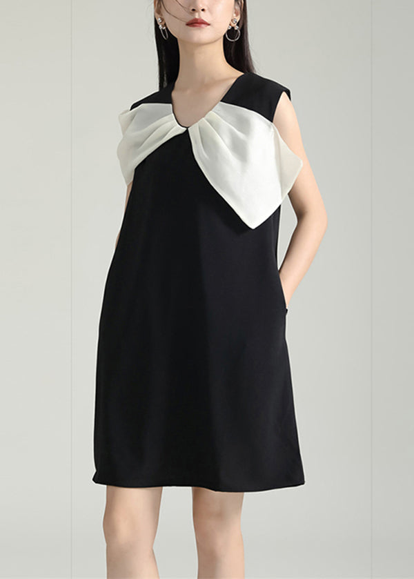 Black Wrinkled Patchwork Cotton Mid Dress Sleeveless