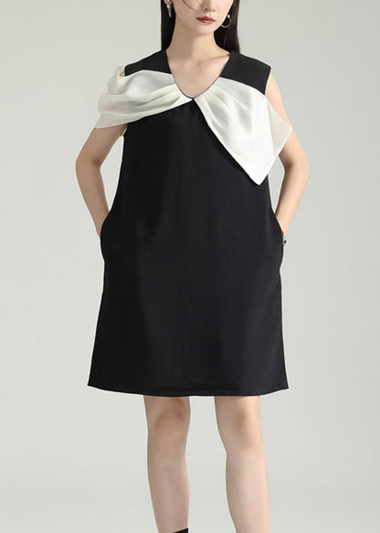 Black Wrinkled Patchwork Cotton Mid Dress Sleeveless