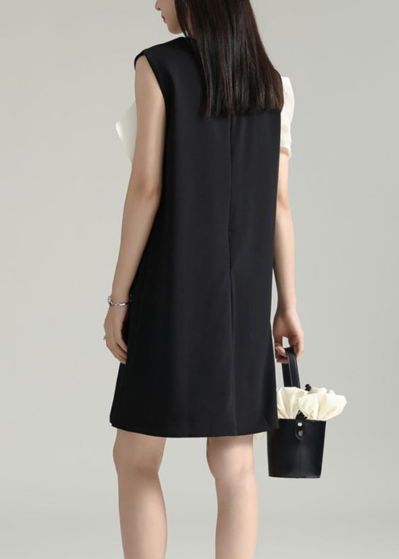 Black Wrinkled Patchwork Cotton Mid Dress Sleeveless