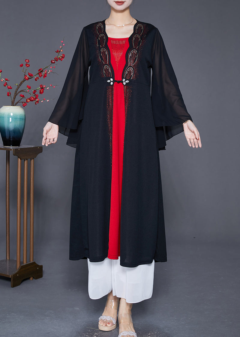 Black Zircon Patchwork Chiffon Fake Two Piece Dress Cloak Sleeves