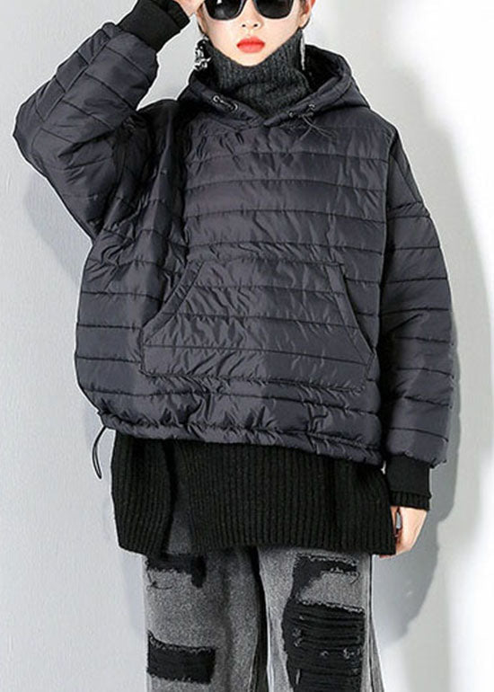 Black Drawstring Hooded Pockets Fine Cotton Filled Tops Winter