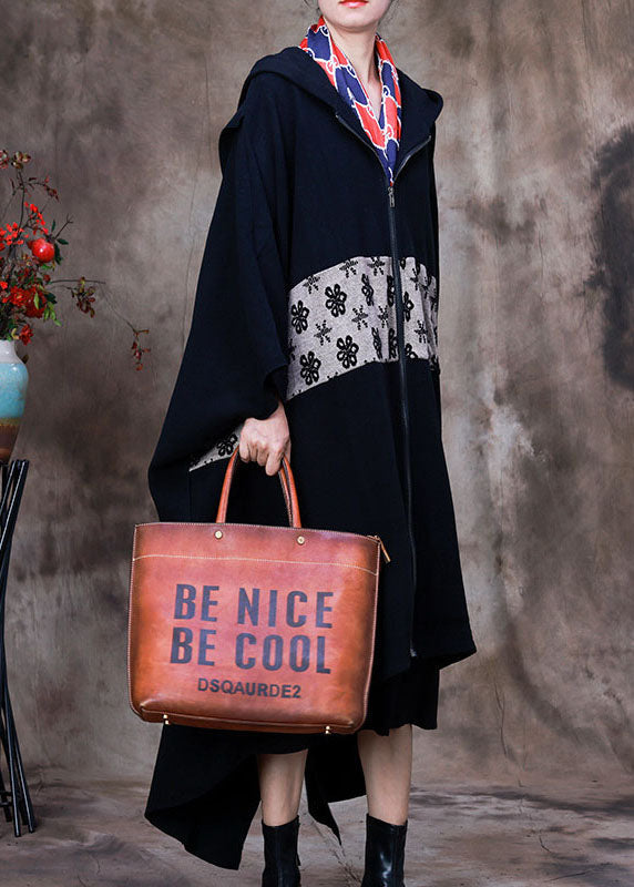 Black Hooded Cloak Sleeves Asymmetrical Design Winter Coat