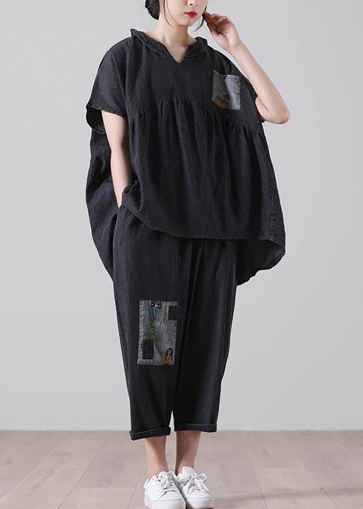 Black Patchwork Pockets Cotton Two Pieces Set Summer