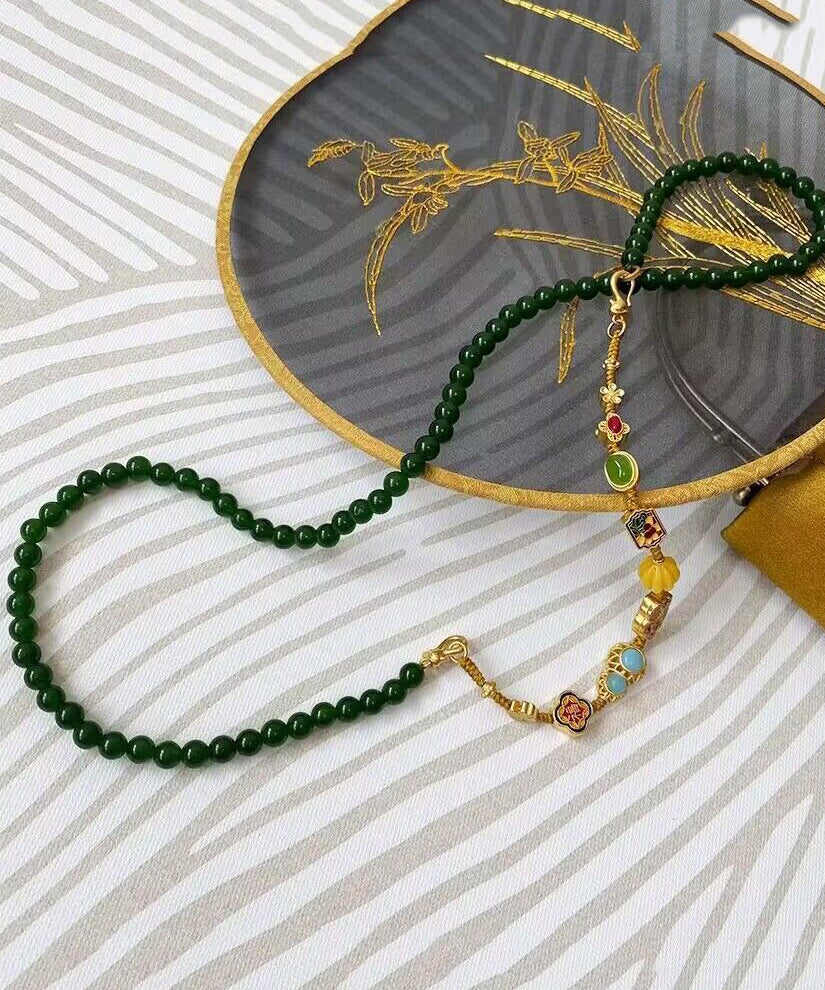 Blackish Green Jade Turquoise Cloisonne Enamel Detachable Beading Graduated Bead Necklace