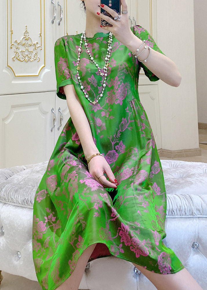 Blackish Green O-neck Print Wrinkled Silk Dresses Short Sleeve