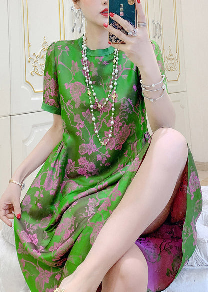 Blackish Green O-neck Print Wrinkled Silk Dresses Short Sleeve